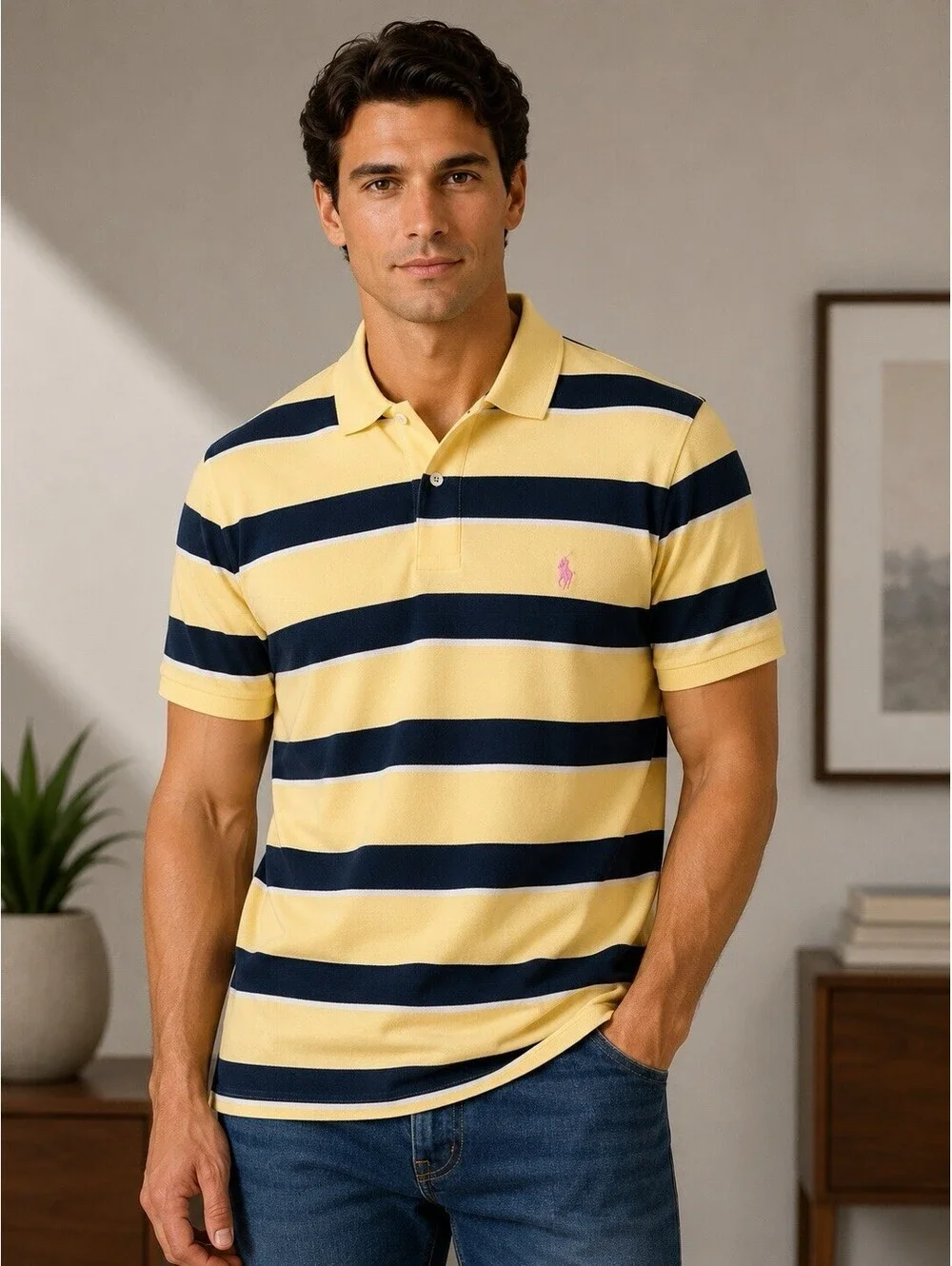 Polo Ralph Lauren Yellow Navy Striped Polo Size XXL 100% Cotton